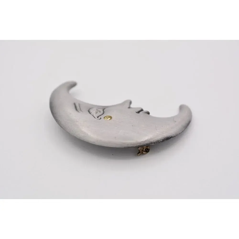 AJC Vintage Celestial Crescent Moon Pin Brooch Face Crystal Signed 1980s BinA18